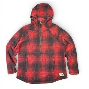 The North Face Hoodie Women L Red Black Plaid 1/4 Zip Crescent Pullover Gorpcore